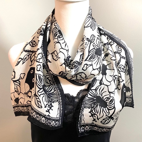 Black & White Floral Silk Rectangle Scarf - Picture 1 of 9
